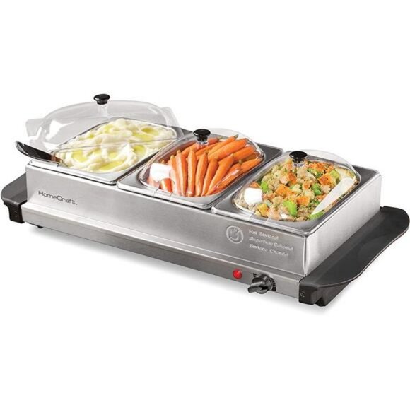 HomeCraft HCBS15SS 3-Station 1.5-Quart Stainless Steel Buffet Server Slow Cooker - Picture 1 of 6